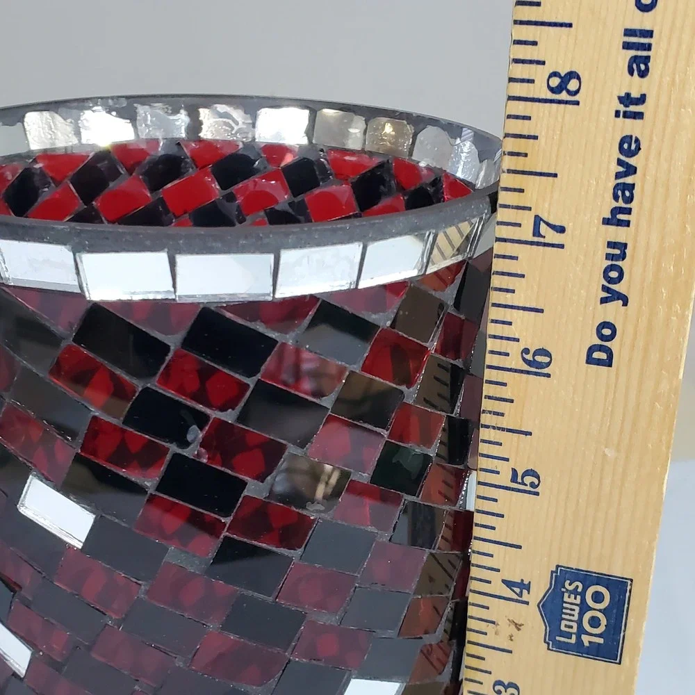 Red Black Silver Mosaic Glass Vase Mirrored Tile Decorative Candle Holder 7in